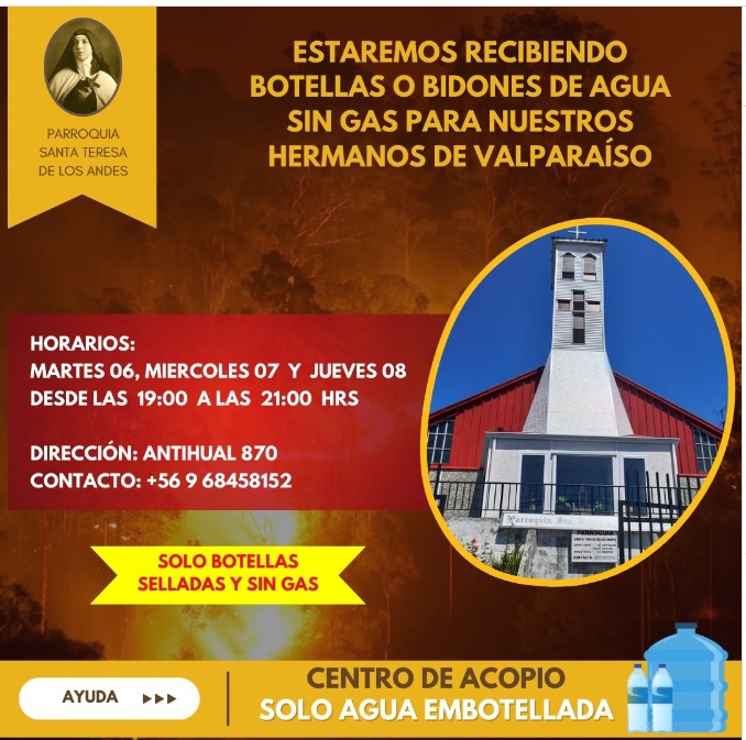 Parroquia Santa Teresa de los Andes inicia recolección de agua para afectados por los incendios