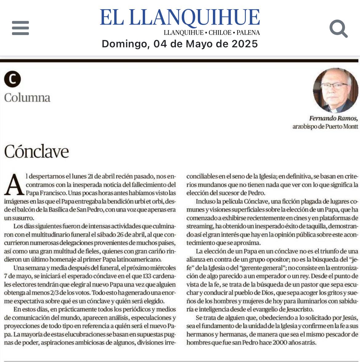 Columna Opinión Arzobispo de Puerto Montt: Conclave