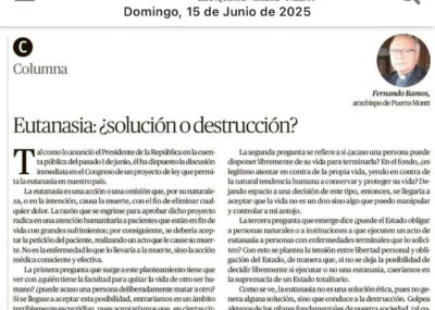 Opinión Arzobispo de Puerto Montt: Eutanasia ¿solución o destrucción?