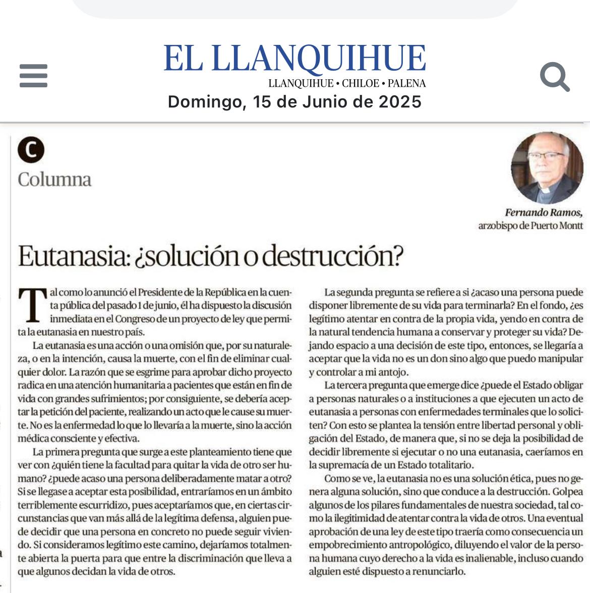 Opinión Arzobispo de Puerto Montt: Eutanasia ¿solución o destrucción?