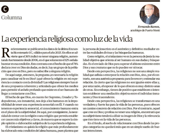 Opinión Arzobispo: La experiencia religiosa como luz de vida
