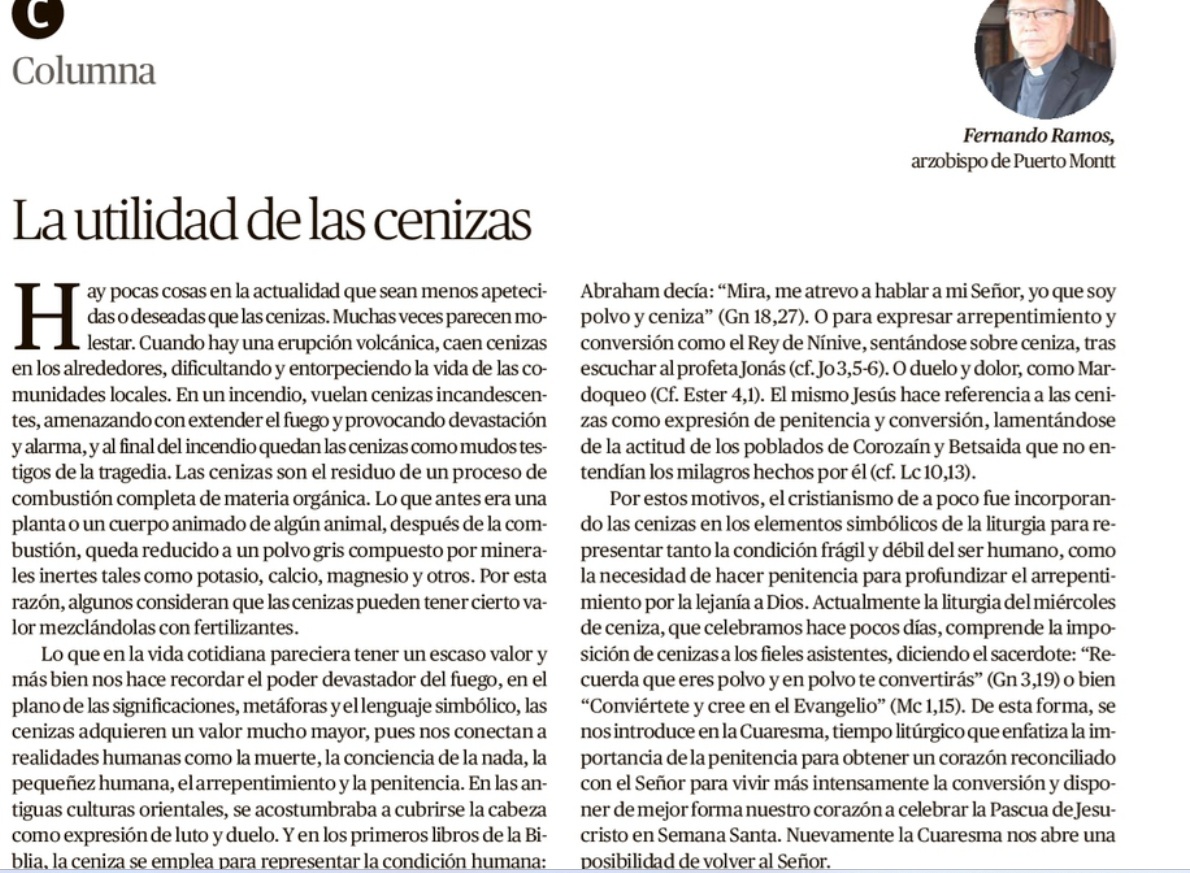 Opinión Arzobispo de Puerto Montt: La utilidad de las cenizas