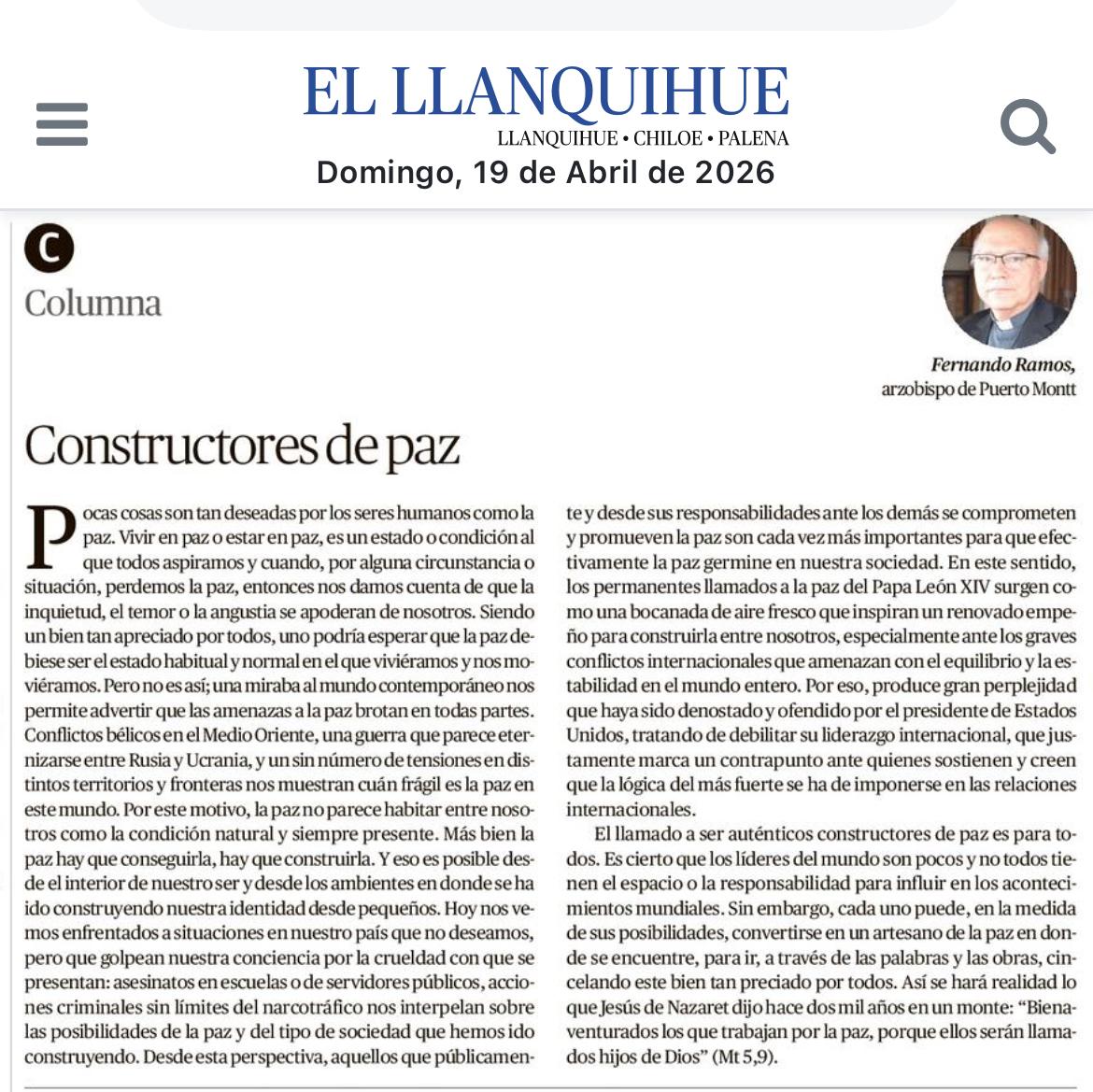 Opinión Arzobispo de Puerto Montt: Constructores de paz