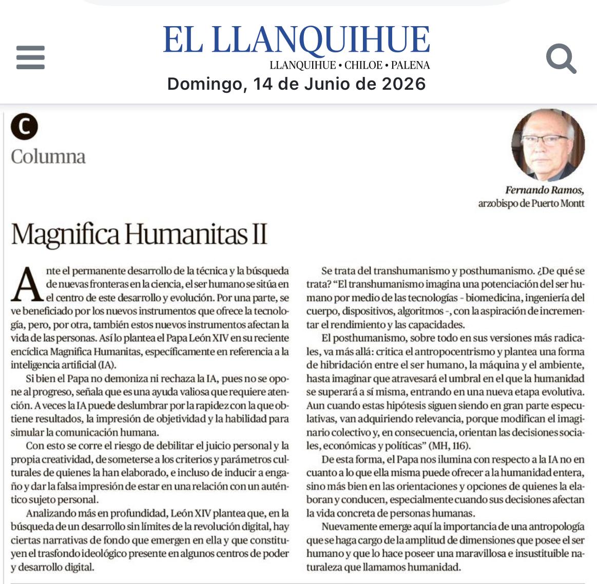 Opinión Arzobispo de Puerto Montt: Magnifica Humanitas II