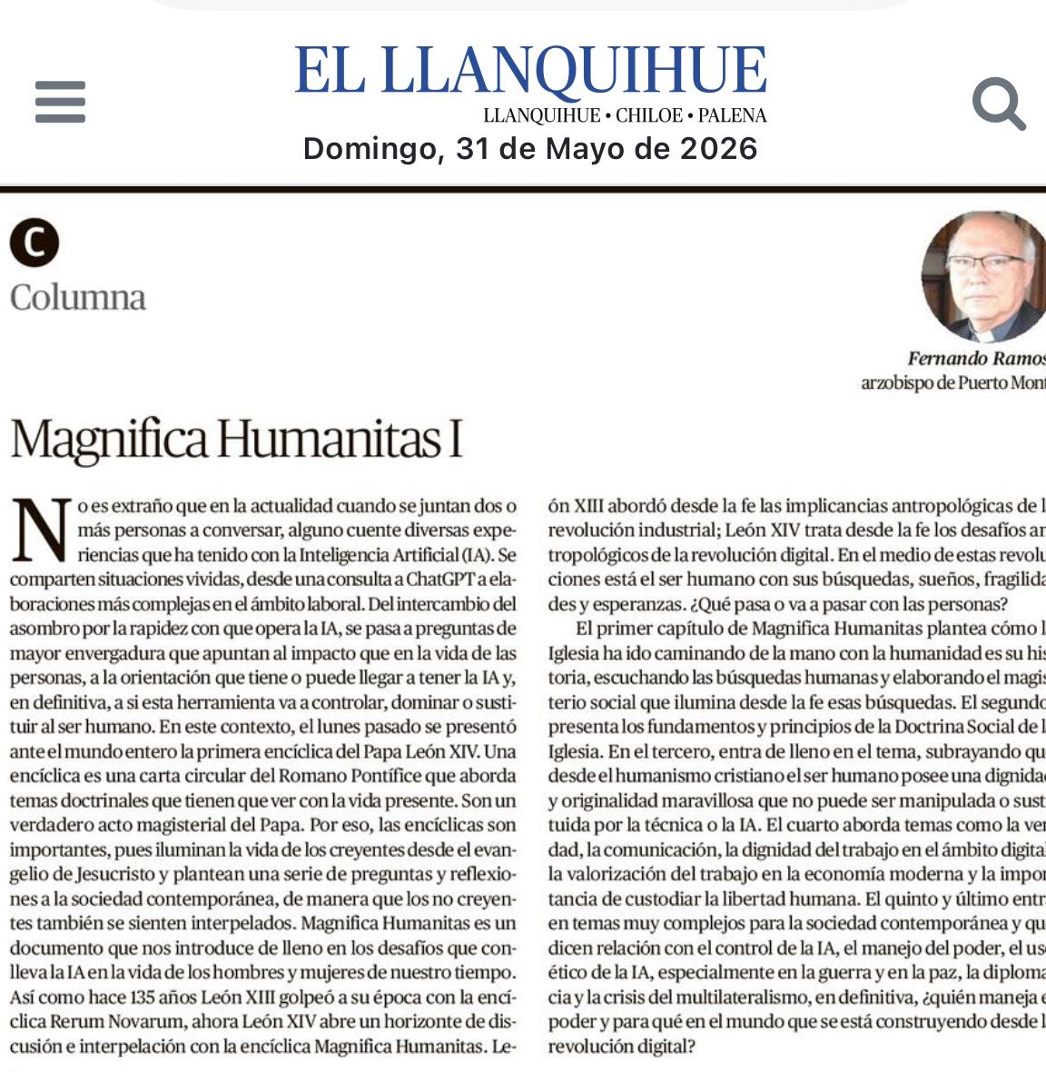 Opinión Arzobispo de Puerto Montt: Magnifica Humanitas I
